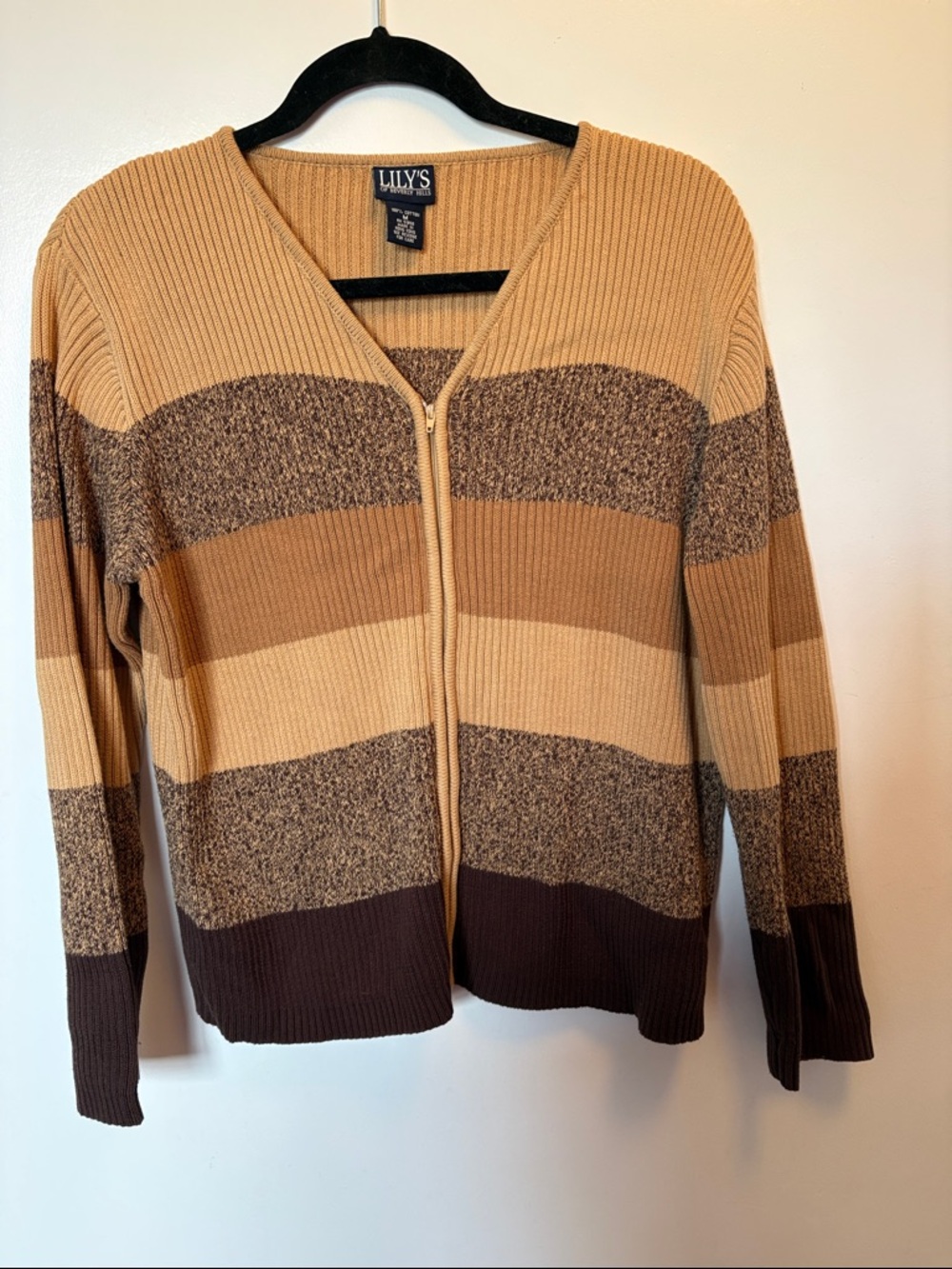 Lily’s Striped Zip-Front Sweater Cardigan in Tan and Brown